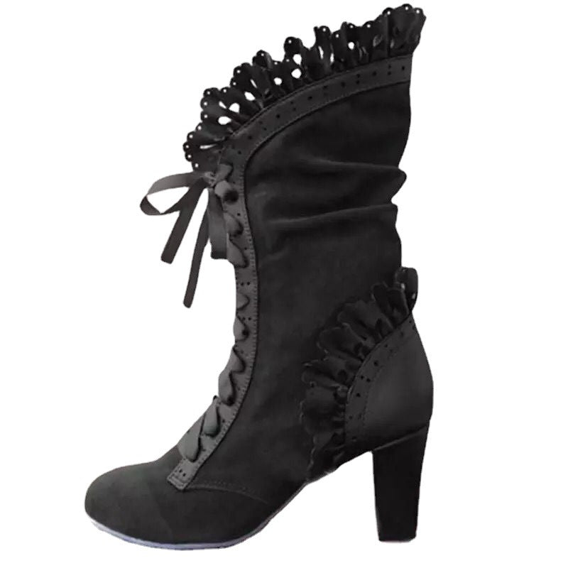 Women’s lace-up ankle boots with ruffle trim and medium block heel Mune Fashion