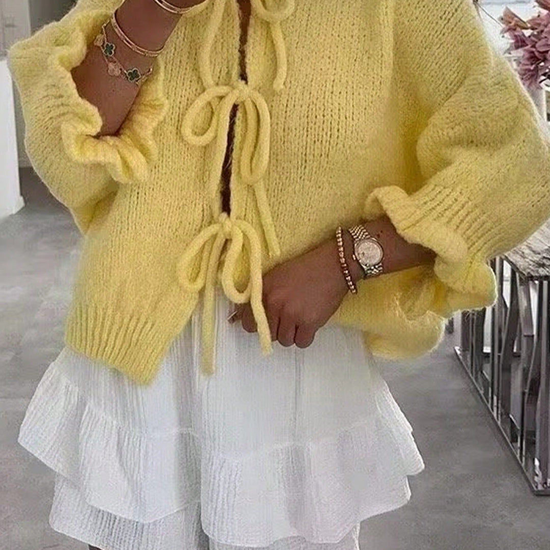 Women's Cozy Short Knit Cardigan with Tie Details, Ruffle Sleeves, and Loose Oversized Cut Mune Fashion