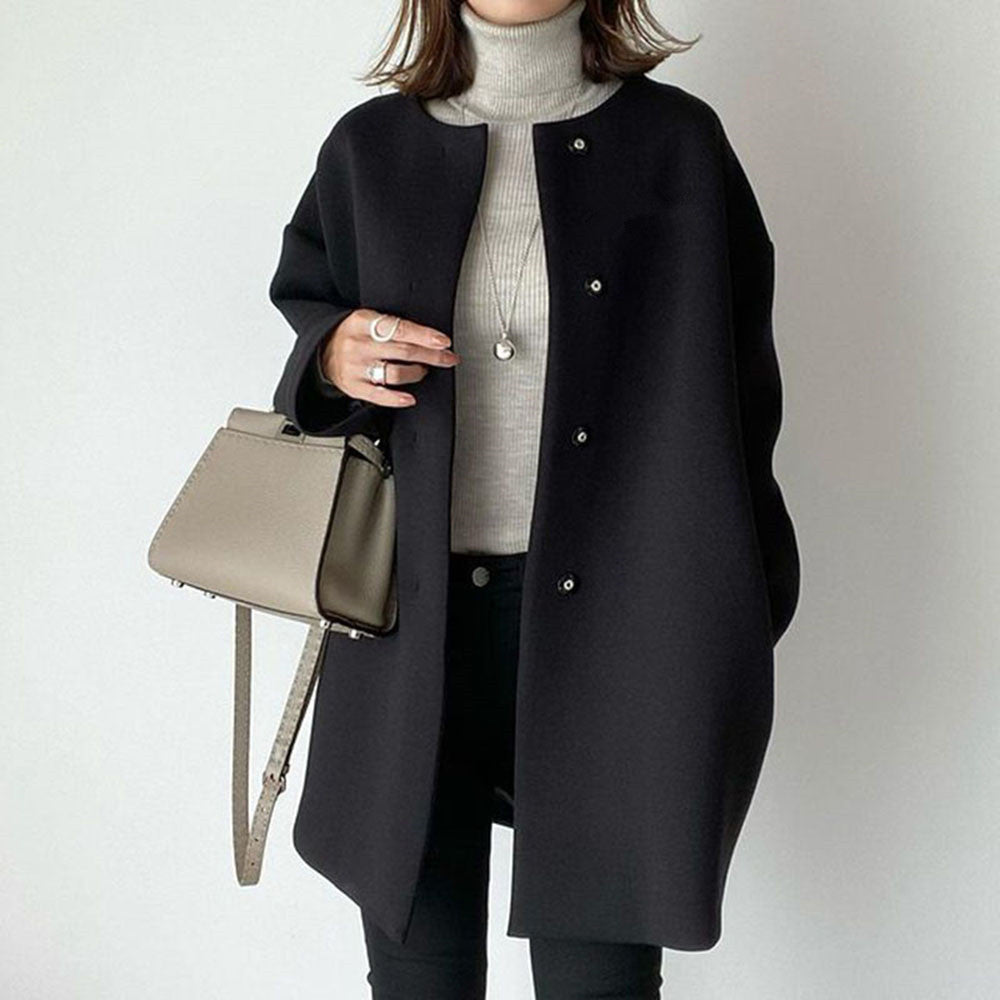 Women nan Oversized Wool Blend Coat with Pearl Buttons and Straight Cut Mune Fashion