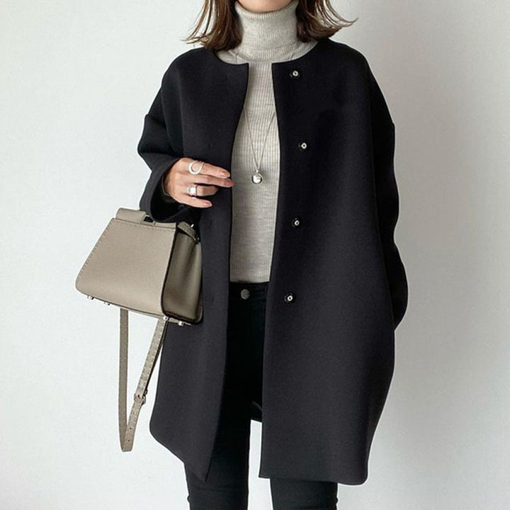 Women nan Oversized Wool Blend Coat with Pearl Buttons and Straight Cut Mune Fashion