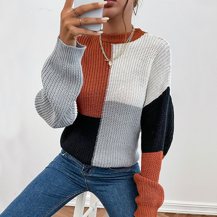 Women Chunky Knit Colorblock Sweater Oversized with Round Neck & Balloon Sleeves Mune Fashion