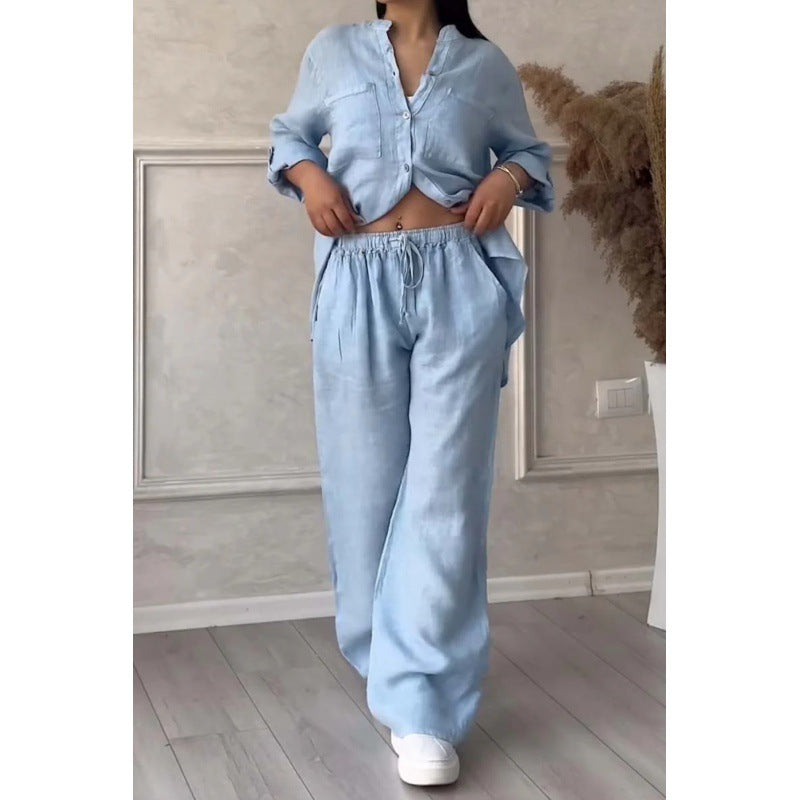 Women's Wide Linen Blend Pants with High Elastic Waistband, Drawstring and Palazzo Silhouette Mune Fashion