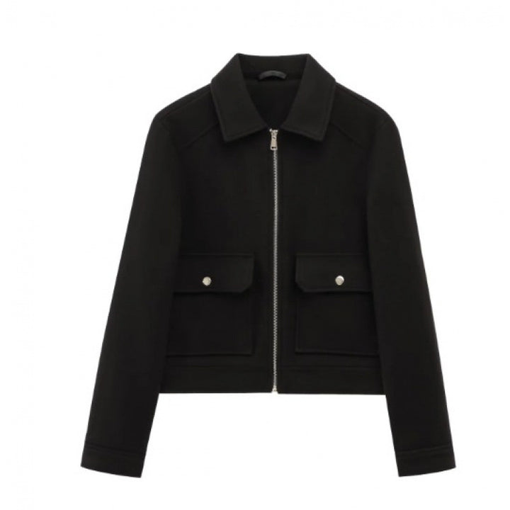 Women's short jacket in velour look with flap patch pockets and full-length zipper Mune Fashion
