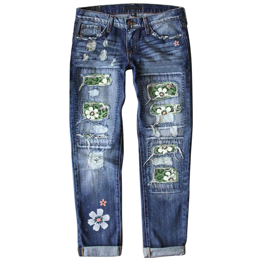 Ladies nan vintage skinny jeans with leopard patches and glitter trim Mune Fashion