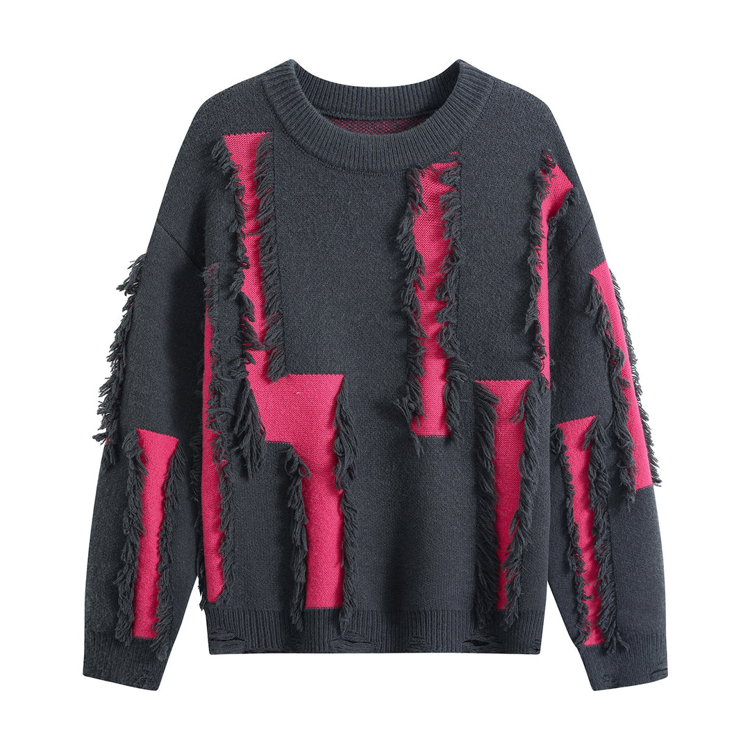 Women Oversize Knit Sweater with Fringe Applications and Destroyed Look Mune Fashion