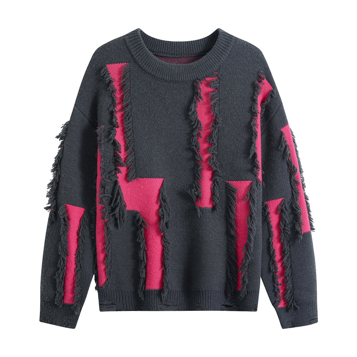 Women Oversize Knit Sweater with Fringe Applications and Destroyed Look Mune Fashion
