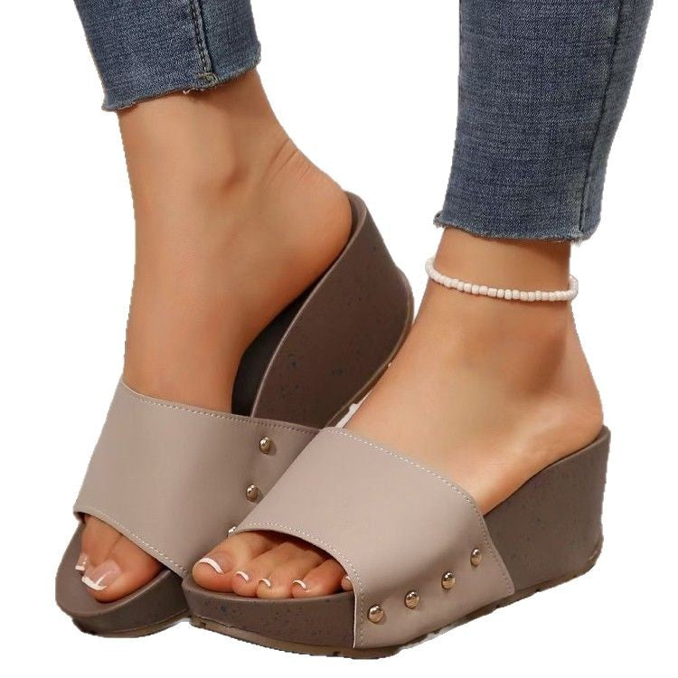 Women's wedge sandals with wide strap, stud accent, and ergonomic wedge sole Mune Fashion
