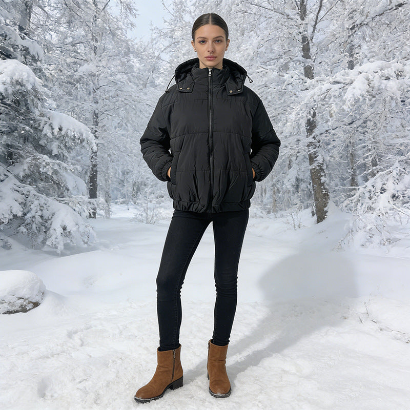 Women's Padded Quilted Jacket with Volume Hood, Elastic Hem and Adjustable Waist Mune Fashion
