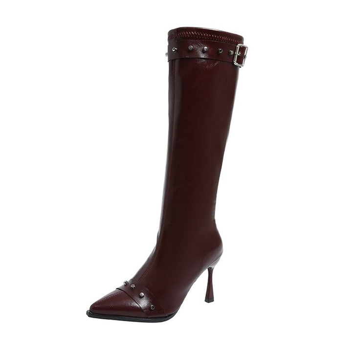 Women Knee-High Boots with Pointed Toe, Sculptural Stiletto Heel and Decorative Strap Mune Fashion