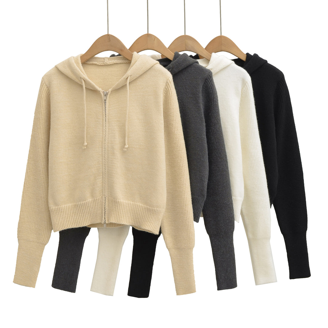 Women's Short Hooded Cardigan with Zipper and Fitted Ribbed Hem Mune Fashion