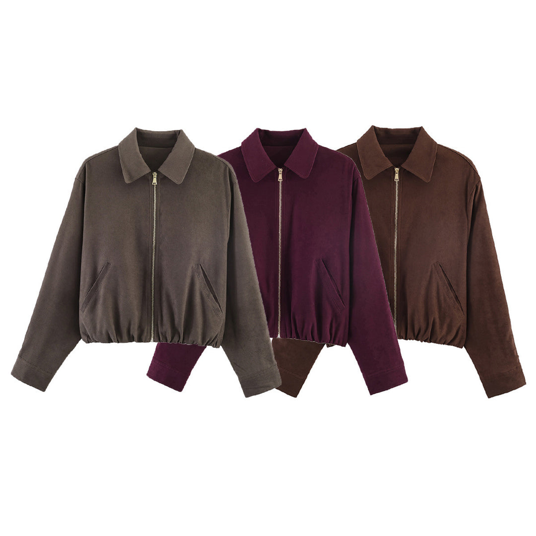 Women’s short-cut suede look bomber jacket with zipper, elastic hem and diagonal side pockets Mune Fashion