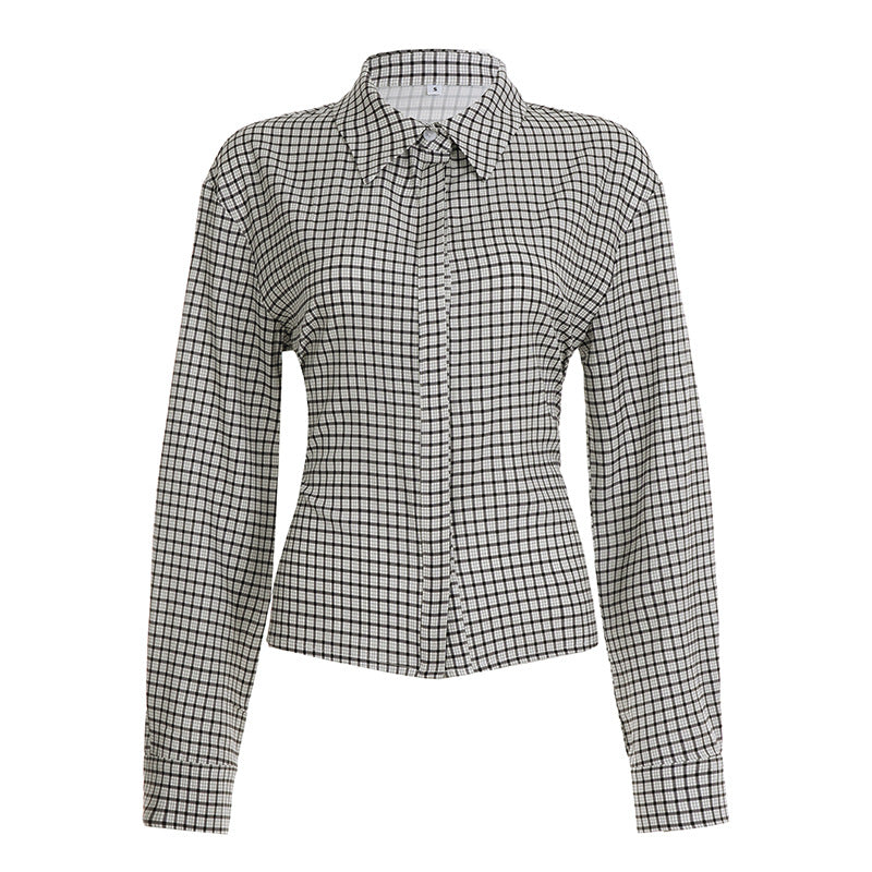 Women's fitted check blouse with concealed button placket and shaped waist seam Mune Fashion