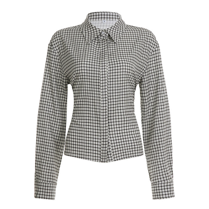 Women's fitted check blouse with concealed button placket and shaped waist seam Mune Fashion