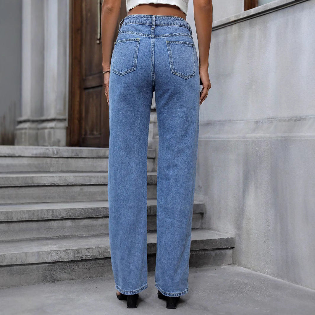 Women High-Waist Straight Jeans with Pearl and Rhinestone Trim Mune Fashion