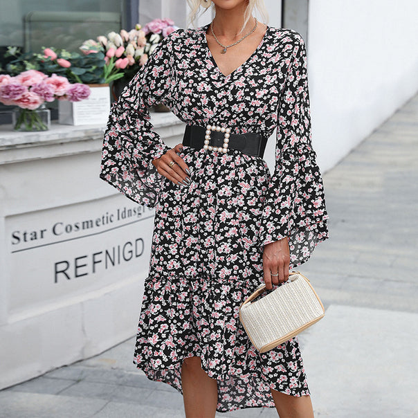 Women's midi dress in chiffon look with floral print, V-neck, bell sleeves and tiered ruffles Mune Fashion