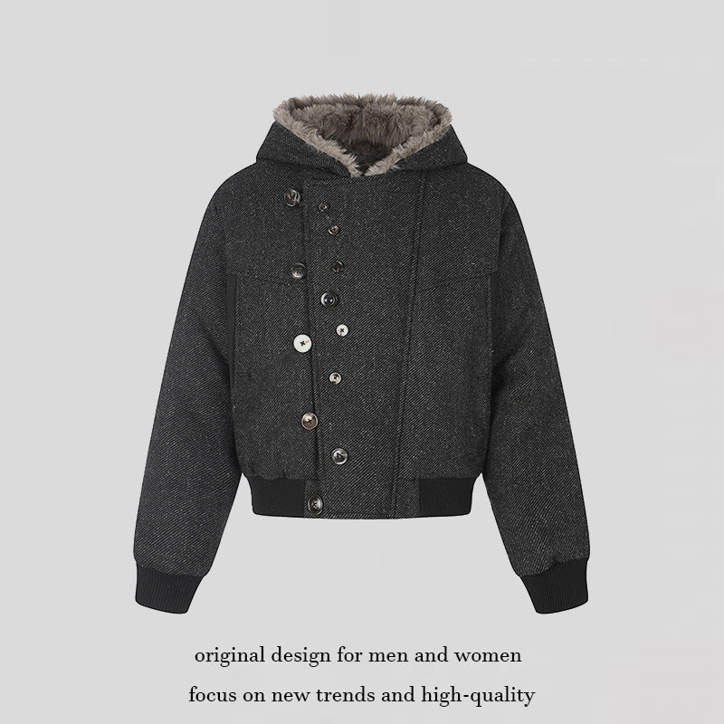 Women's hooded bomber jacket with faux fur lining, asymmetrical multi-button placket, and ribbed hem Mune Fashion