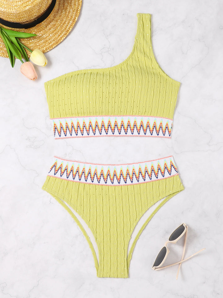 Women One-Sided Crop Bikini with Colorful Jacquard Ribbon Mune Fashion