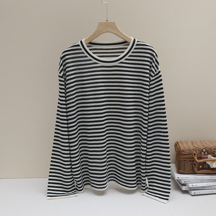 Womens fine striped long sleeve shirt with round neckline made of lightweight jersey Mune Fashion