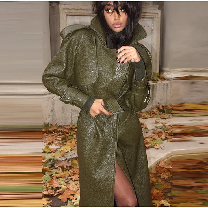 Women's Oversized Faux Leather Trench Coat with High Collar and Removable Belt Mune