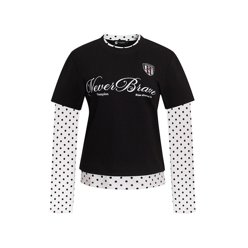 Women's Layered Long Sleeve Shirt with Polka Dot Inner Layer and Calligraphic Statement Print Mune Fashion
