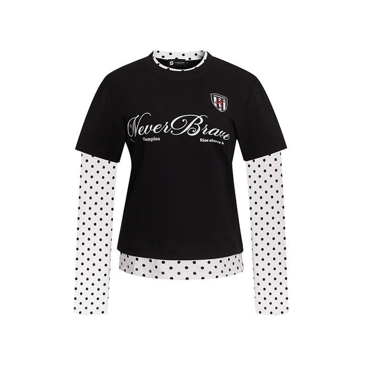 Women's Layered Long Sleeve Shirt with Polka Dot Inner Layer and Calligraphic Statement Print Mune Fashion