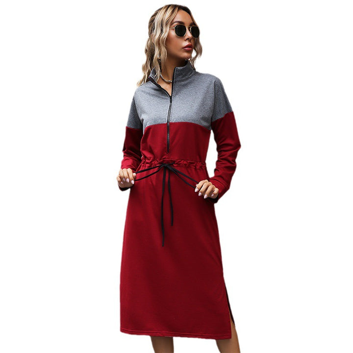 Women's Sporty Midi Dress with Stand Collar, Zipper & Drawstring Waist Mune Fashion