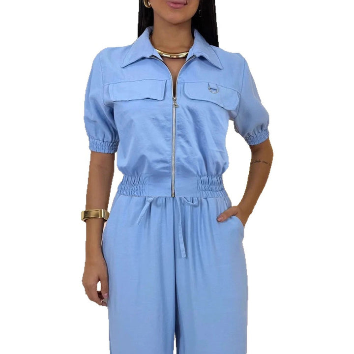 Women's Casual Two-Piece Jumpsuit with Zipper, Short Sleeve and Wide Palazzo Pants Leg Drune