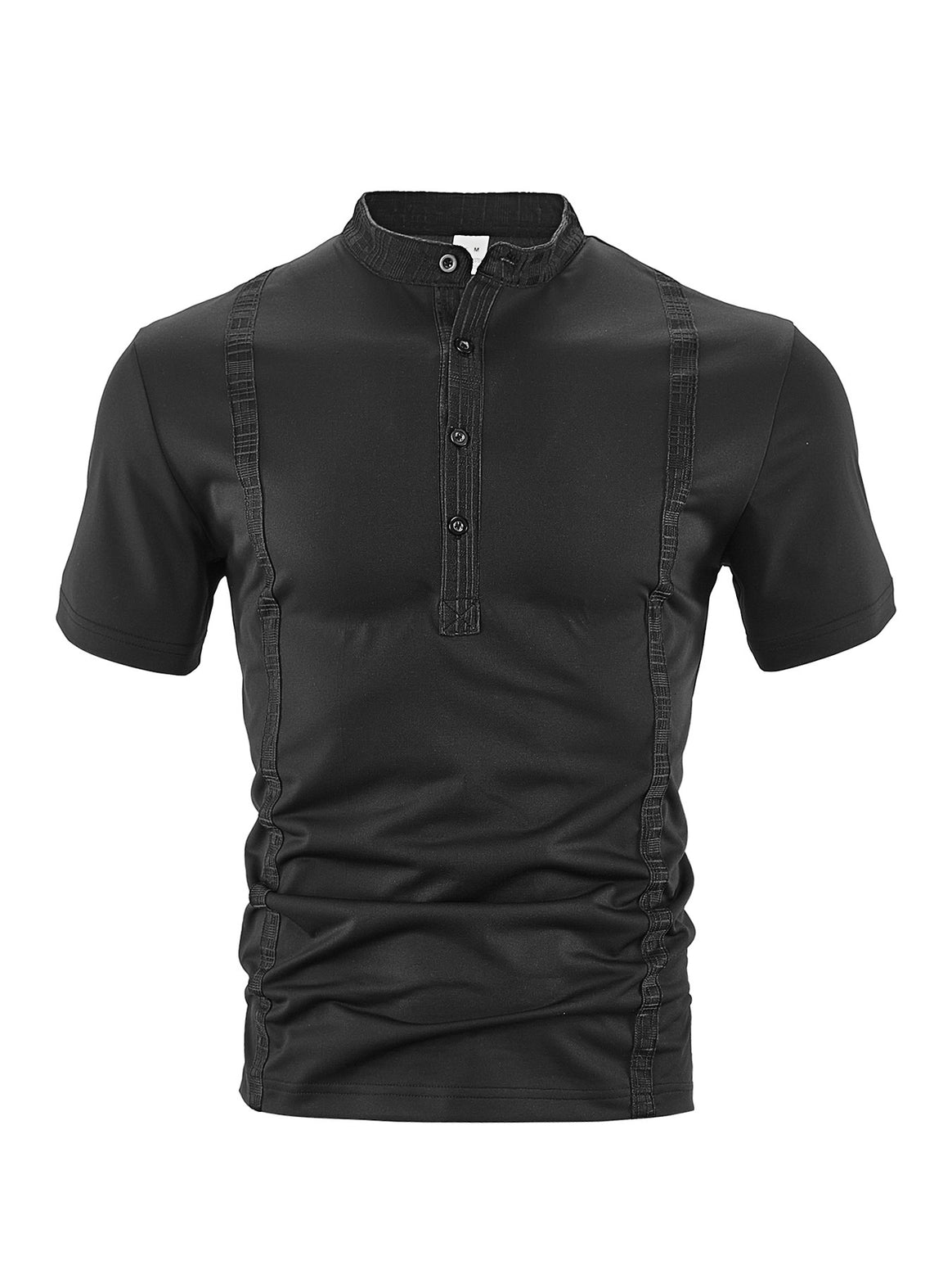 Men's short sleeve stand collar shirt with concealed button placket, decorative piping and fitted silhouette Mune Fashion
