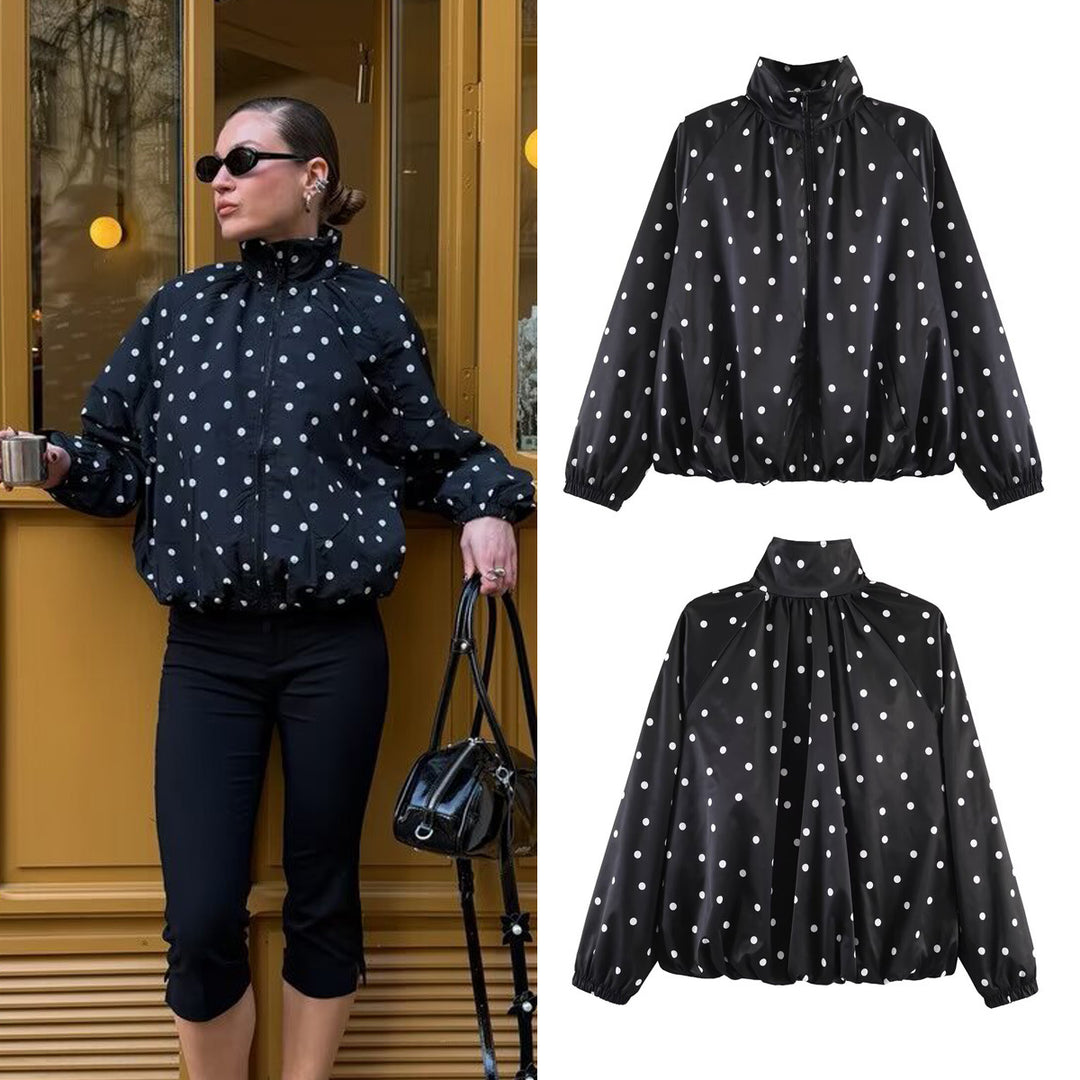 Women's Lightweight Water-Resistant Bomber Jacket with Stand Collar and Polka Dot Pattern Mune Fashion