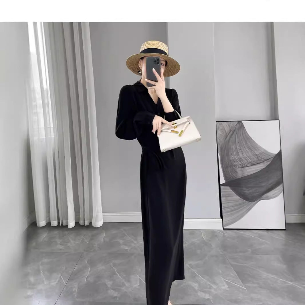 Women's Long Sleeve Wrap Maxi Dress with Waist Belt and V-Neck Mune Fashion