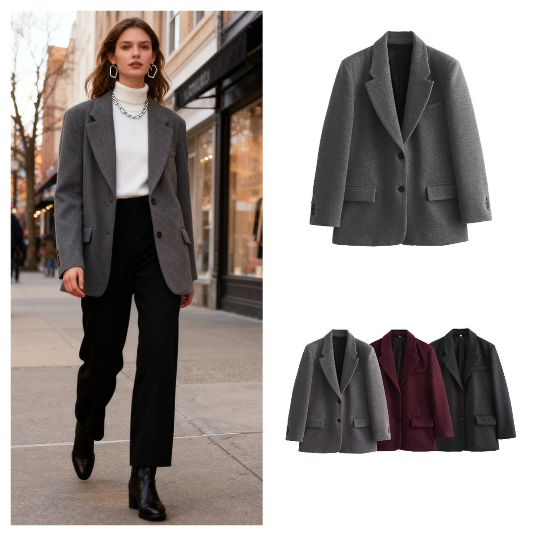 Women Long Wool Blend Double-Breasted Coat with Notched Collar and Flap Pockets Mune Fashion