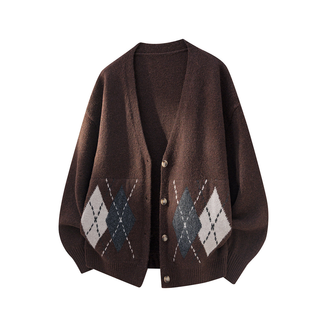 Women Oversized Knit Cardigan with Argyle Pattern and V-Neck Mune Fashion