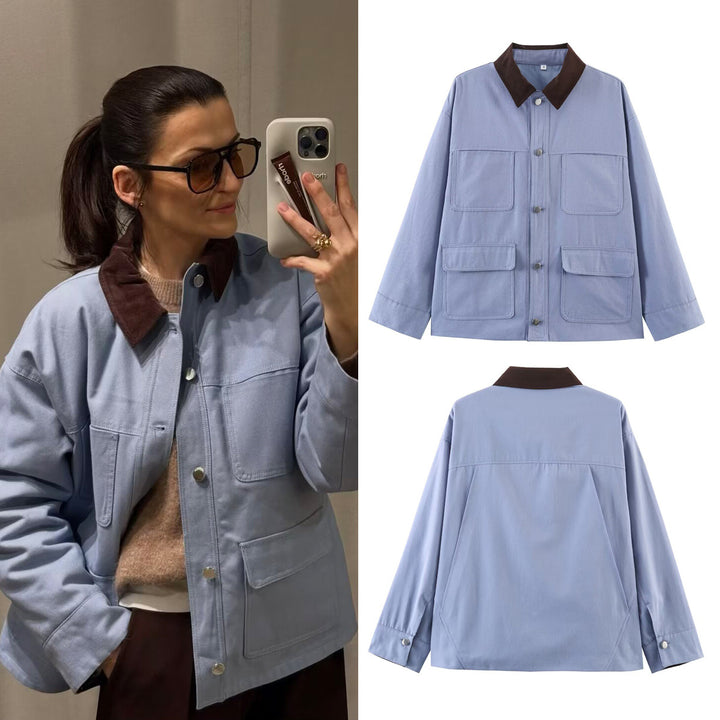 Women Oversize Utility Jacket with Contrast Collar and Applied Pockets Mune Fashion