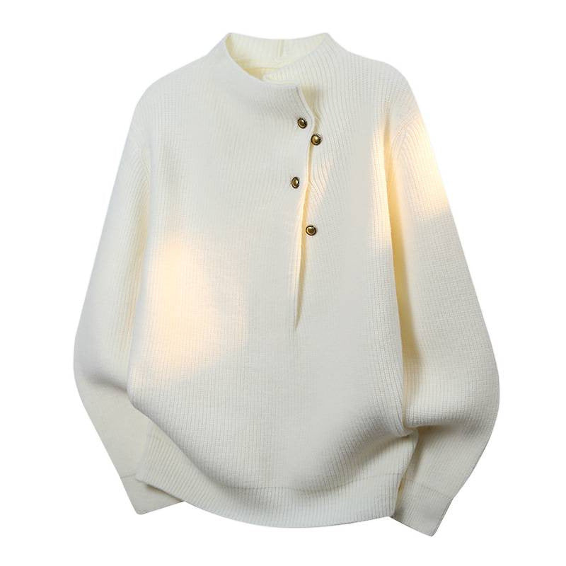 Women's Oversized Fine Knit Sweater with Asymmetrical Button Placket and Stand Collar Mune Fashion