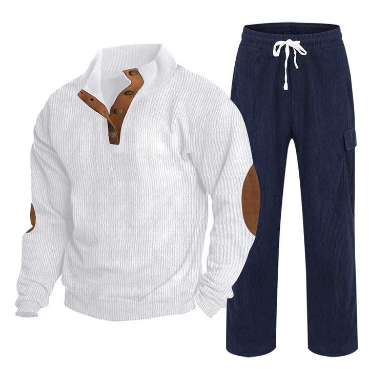 Men's Cozy Leisure Set made of Waffle Knit Henley with Elbow Patch and Relax Cargo Pants Mune Fashion