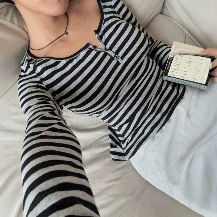 Women nan tailored striped long-sleeve shirt with deep round neck and decorative button placket Mune Fashion