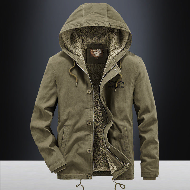 Men's canvas hooded jacket with full teddy lining, two-way zipper and drawstring hem Mune Fashion