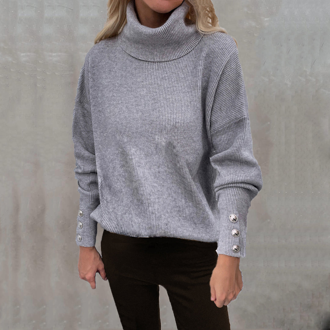 Women's Ribbed Turtleneck Sweater with Oversize Cut and Decorative Button Cuffs Mune Fashion