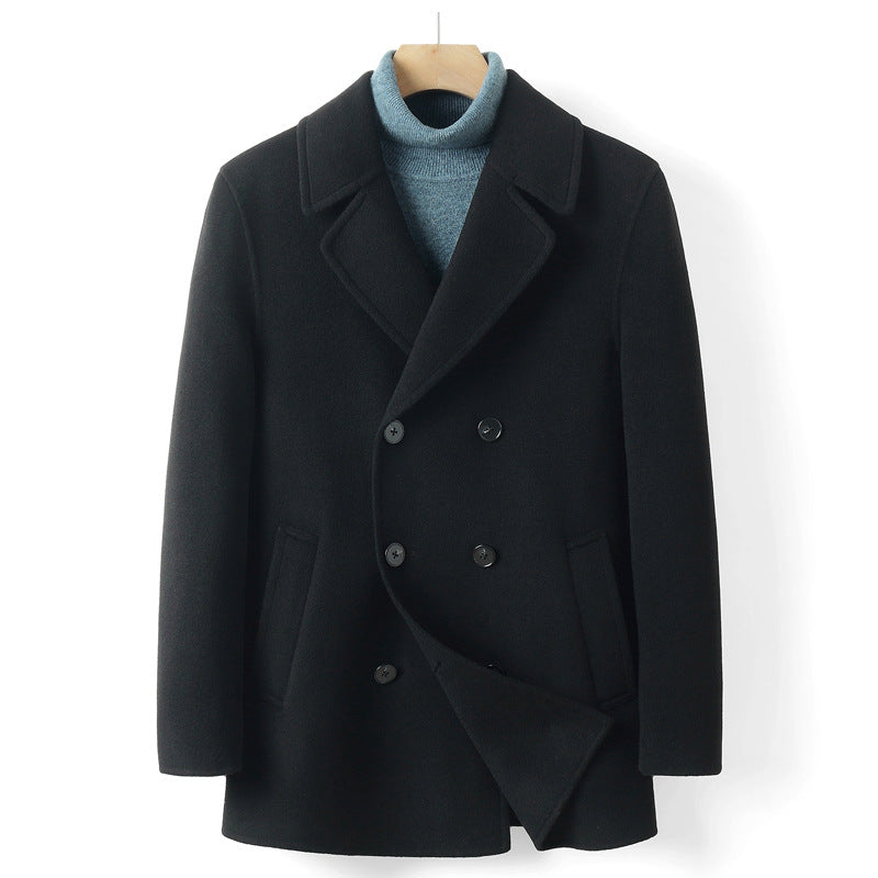 Men's Double-Breasted Wool Coat in Short Cut with Notched Lapel Mune Fashion