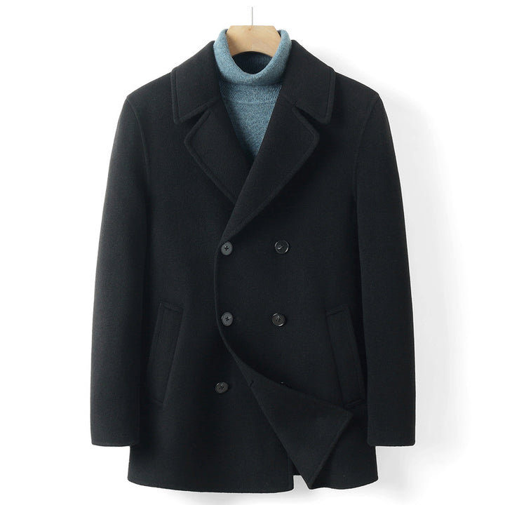 Men's Double-Breasted Wool Coat in Short Cut with Notched Lapel Mune Fashion