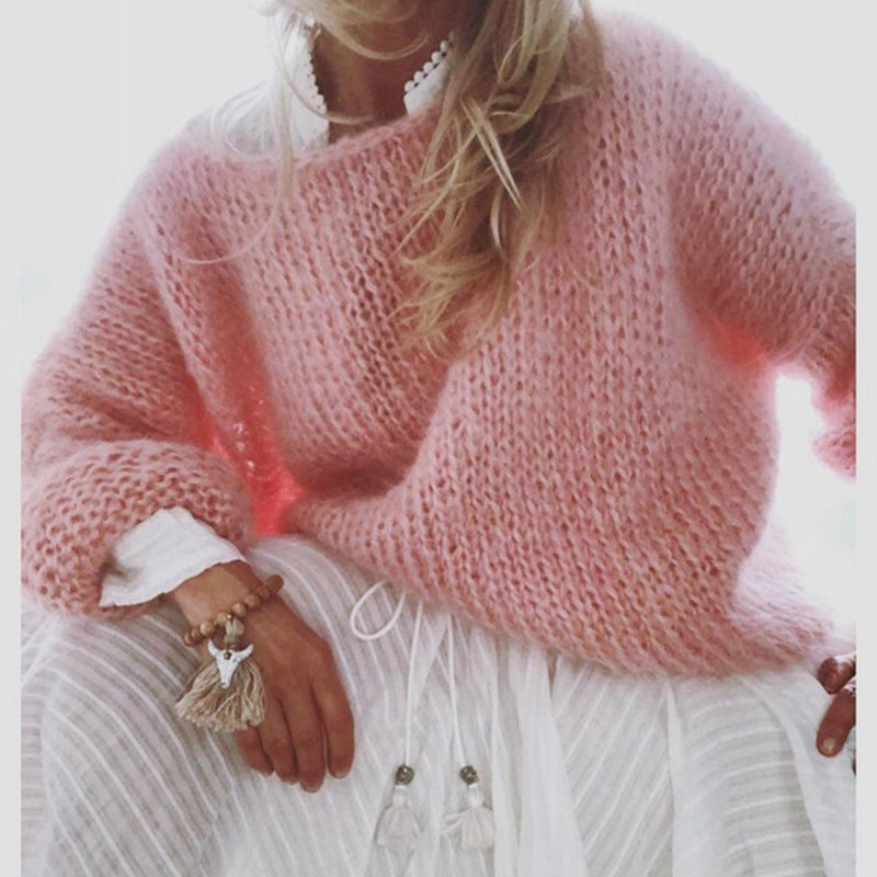 Women's Short Cut Fluffy Chunky Knit Sweater with Dropped Shoulder Mune Fashion