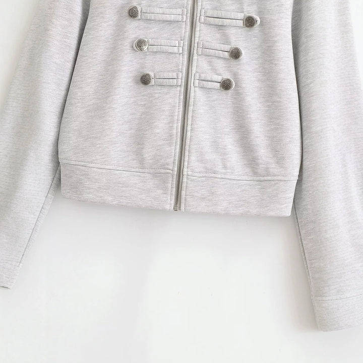 Women's short jacket made of sweat with stand-up collar and decorative military yoke Mune Fashion