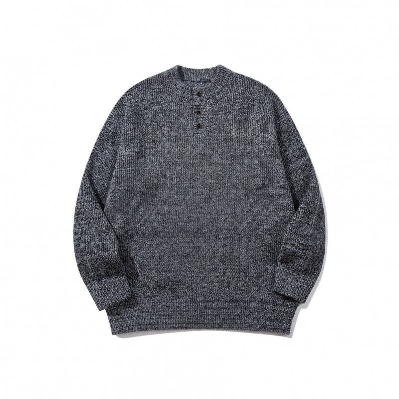 Unisex Oversize Chunky Knit Henley Sweater with Melange Structure and Ribbed Finishes Mune Fashion