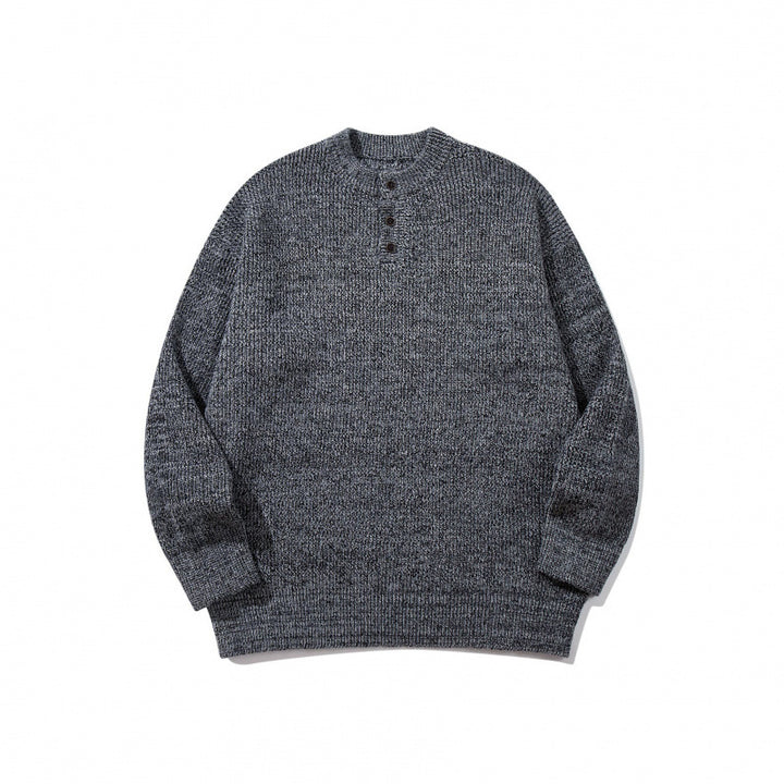 Unisex Oversize Chunky Knit Henley Sweater with Melange Structure and Ribbed Finishes Mune Fashion