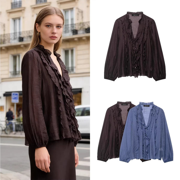 Ladies Transparent Crinkle Blouse with Ruffle Collar, Ruffled Front and Balloon Sleeves Mune Fashion