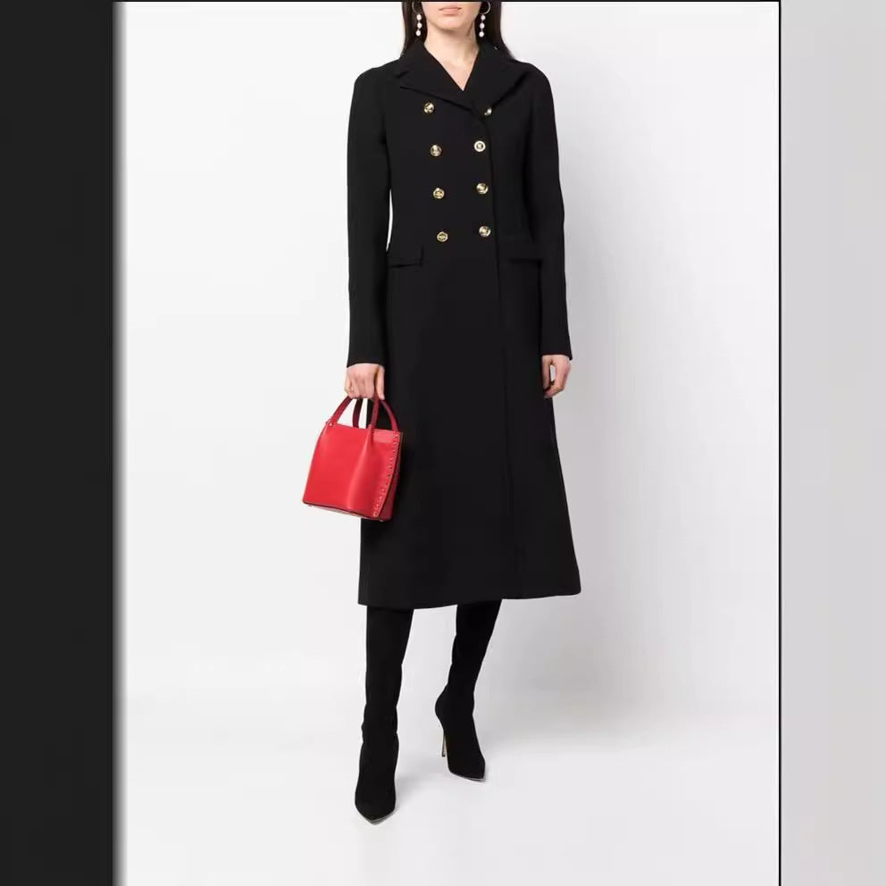Women Tailored Double-Breasted Wool Blend Coat with Delicate Decorative Buttons and Flap Pockets Mune Fashion