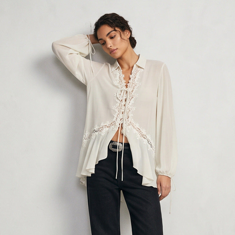 Women Transparent Chiffon Blouse with Lace Trim, Tie Band & Asymmetrical Ruffle Hem Mune Fashion