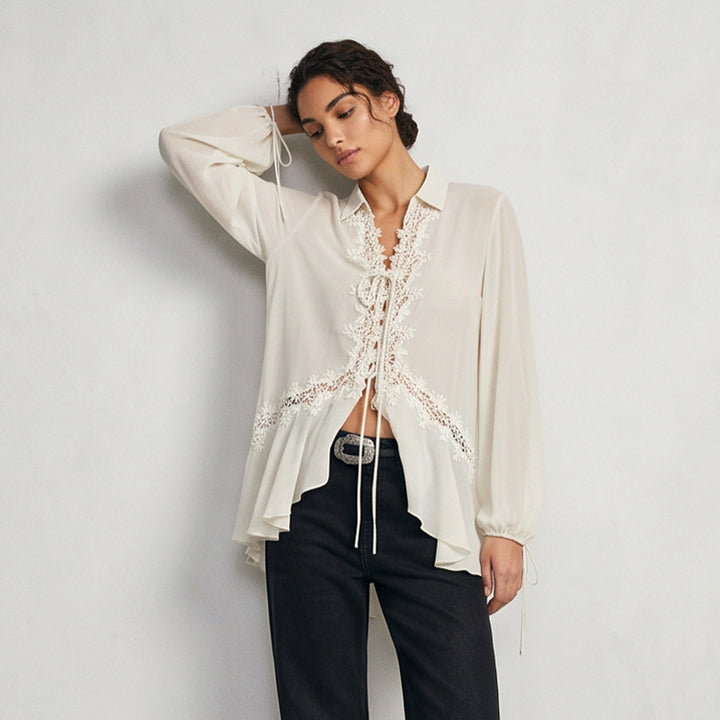 Women Transparent Chiffon Blouse with Lace Trim, Tie Band & Asymmetrical Ruffle Hem Mune Fashion