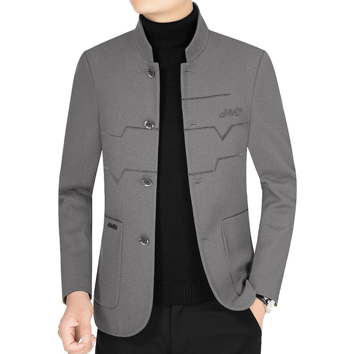 Men's Stand Collar Blazer made of textured wool blend with decorative seams and patch pockets Mune Fashion