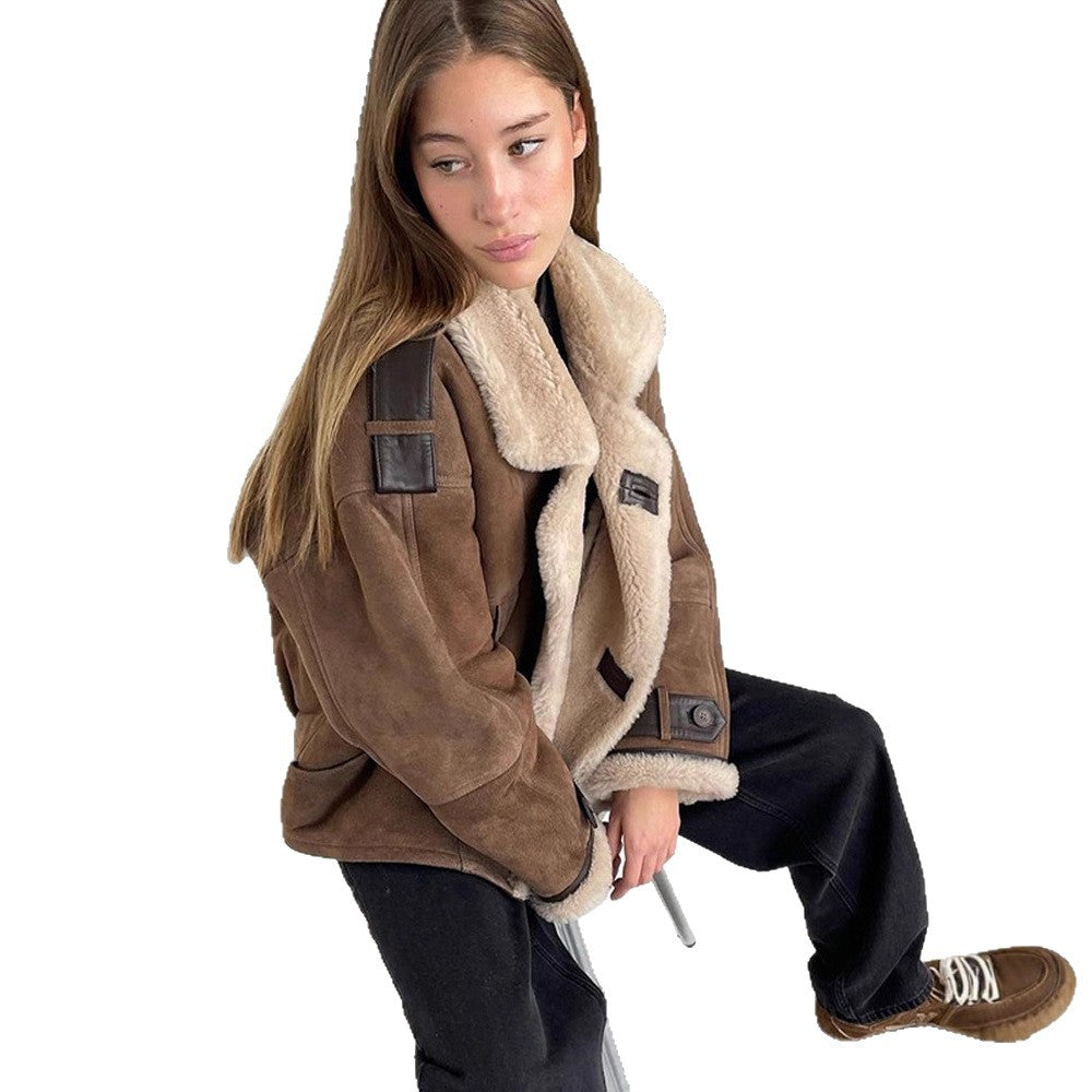 Women Oversize Shearling-Faux Flight Jacket with Contrasting Trim & Buckle Details Mune Fashion